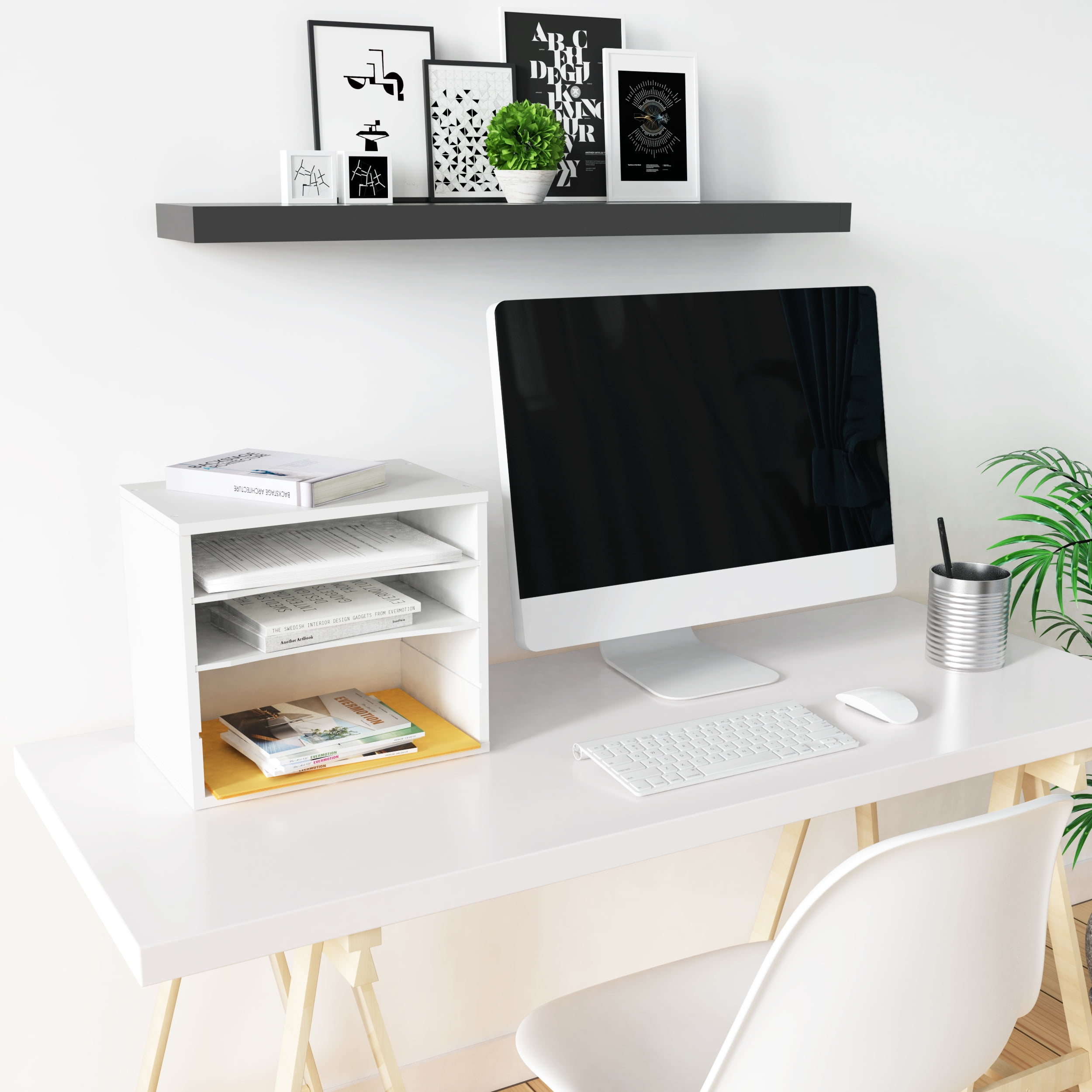 Ballucci 4-Tier File Paper Organizer, Wood Stackable Letter Tray with Adjustable Shelves, White