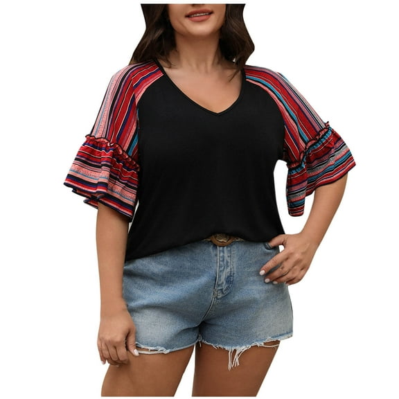 Plus Size Striped Tops for Women Fashion Casual V Neck Ruffle Short Sleeve Shirts Loose Blouses Size Xl-4xl (XL, Black)