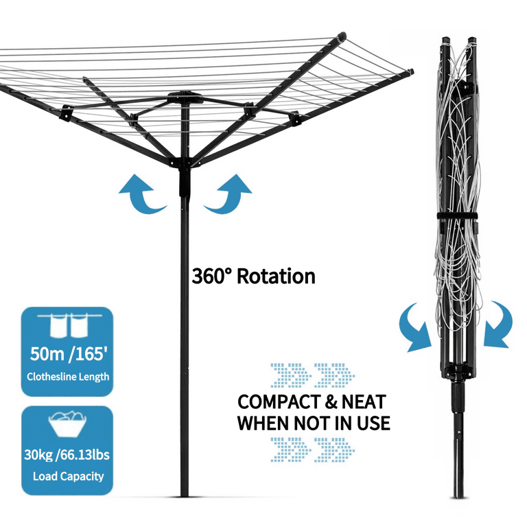 Uyoyous 70.9 inch Height Outdoor Umbrella Drying Rack, Rotary Dryer Clothes Line Protective Cover 4 Arms with 165ft Clothesline, Black, Metal, Size