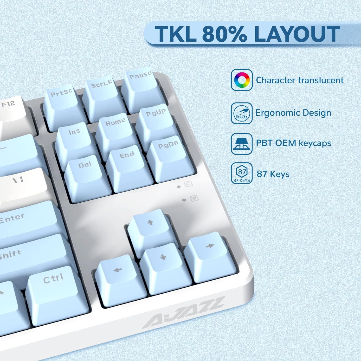 AK873 Gaming Keyboard,Chroma RGB Backlit,Hot-Swappable Blue Switch,PBT Keycap,75% TKL Layout,Ergonomic Mechanical Keyboard with Custom Coiled USB/Type-C Aviation Cable(Blue White)