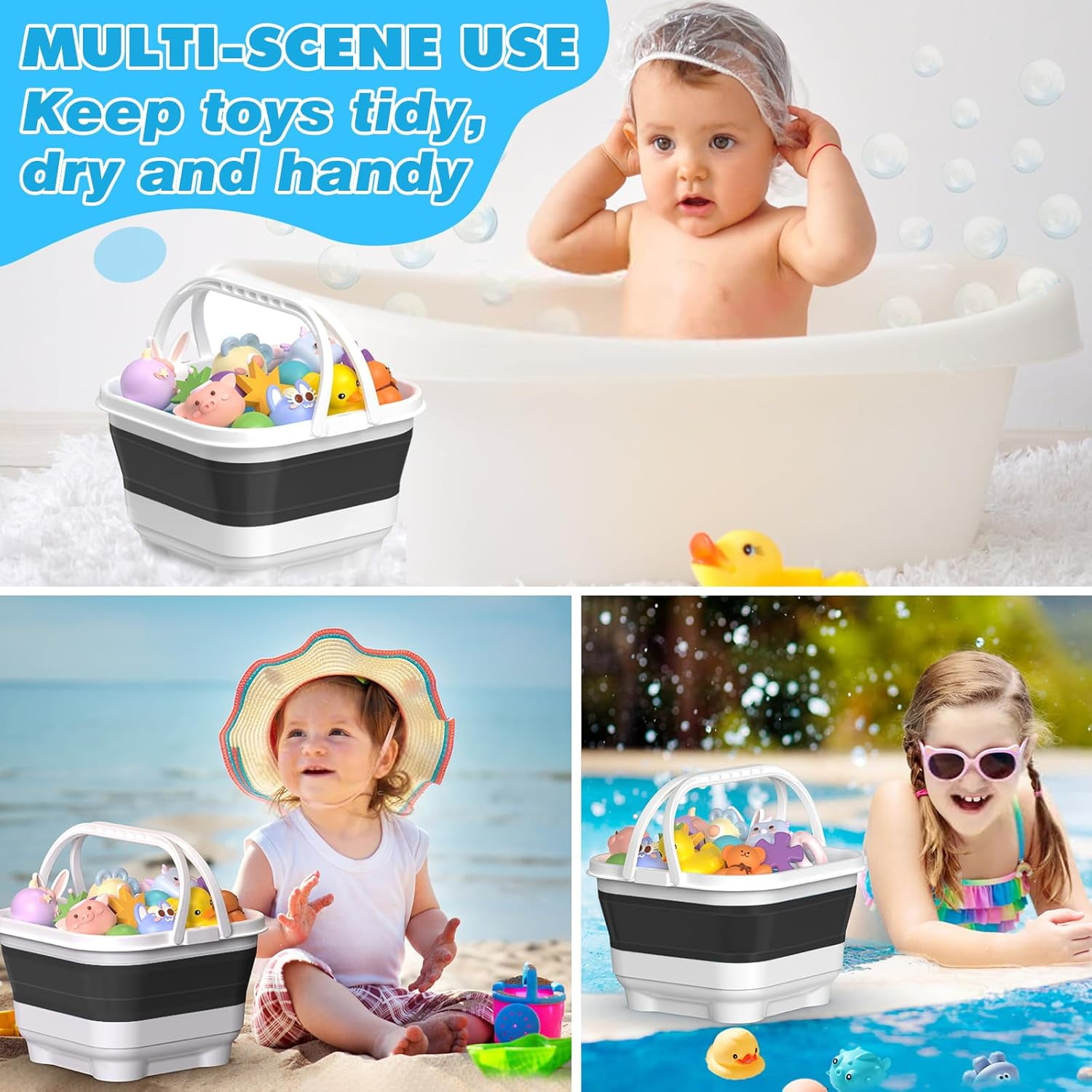 LC-dolida Bath Toy Storage Organizer, Foldable Bathtub Toy Holder Storage with Removable Base for Draining Drying, Bathroom Shower Toy Holder Baby Bath Toy Basket for Easy Storage (Black)