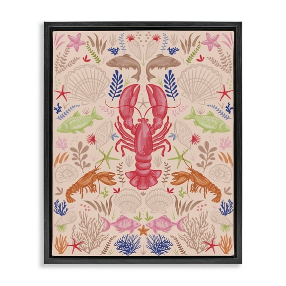 Stupell Industries Symmetrical Sea Life Nautical & Beach Painting Black Floater Framed Canvas Art Print Wall Art, 17 x 21