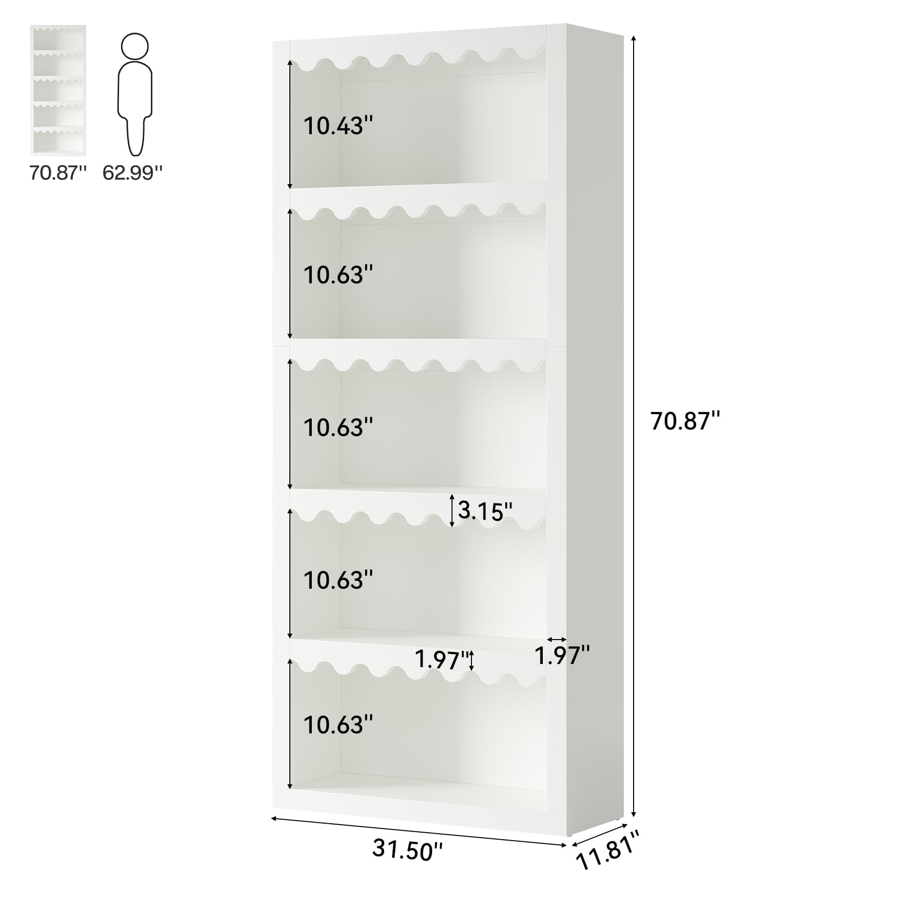 Fnova 5-Tier Open Bookcase, 70" Tall Bookshelf with Scalloped Edges, Modern Display Shelves Storage Organizer for Living Room, Home Office, White