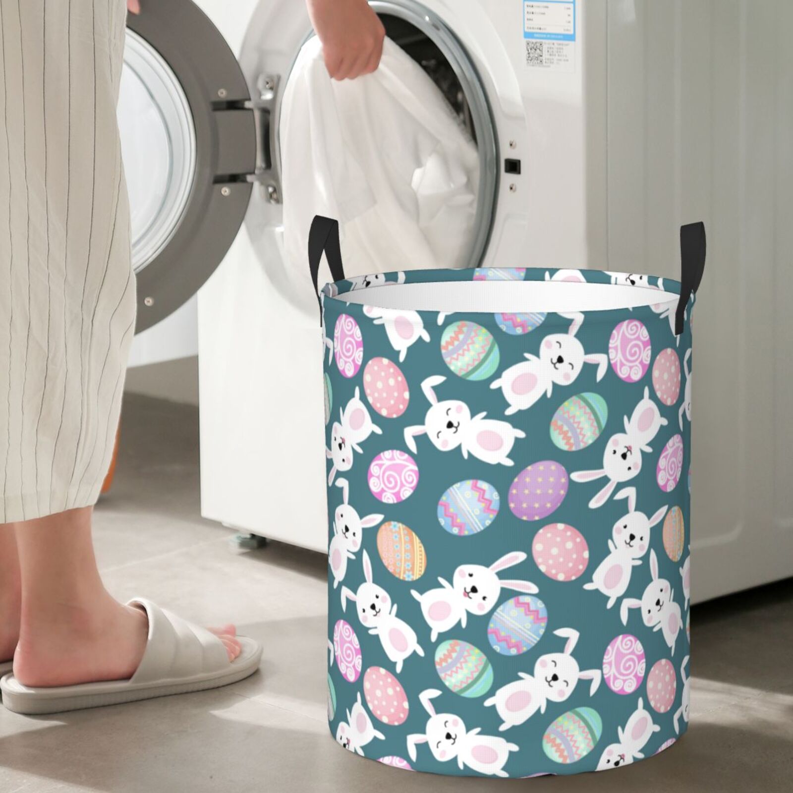 Large Laundry Basket with Handles - Cartoon Cute Rabbit Patterned Egg Kids Baby Dirty Clothes Laundry Hamper for Bedroom Aesthetic