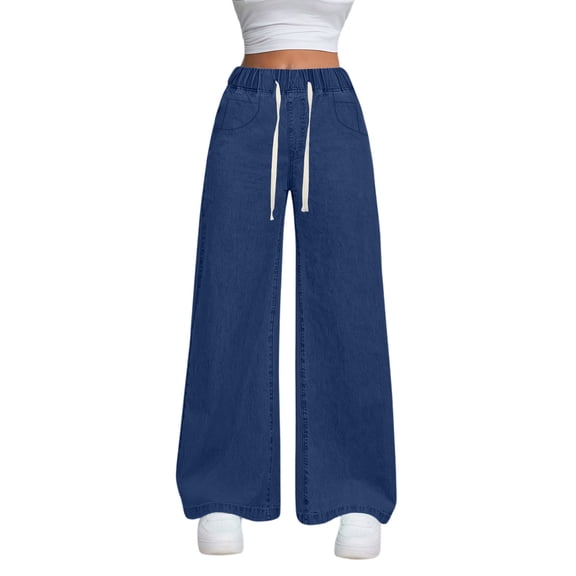 Women's High Waist Drawstring Jeans - Loose Casual Wide-Leg Denim Pants, Dark Blue Size L