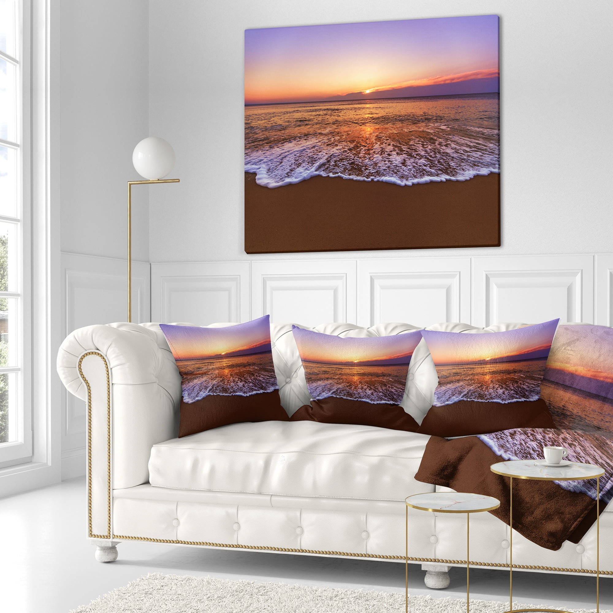 Designart Orange Tinged Sea Waters at Sunset - Beach Photo Throw Pillow - 16x16