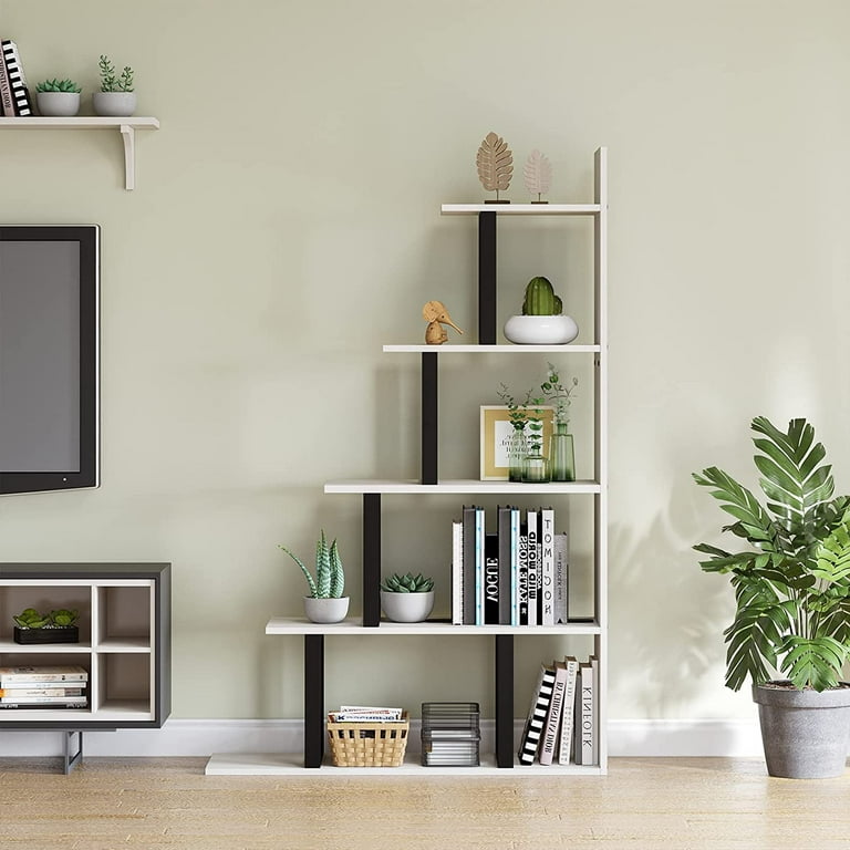 Ladder Corner Bookshelf 5 Tier Bookcase Storage Display Wood with Open Shelf