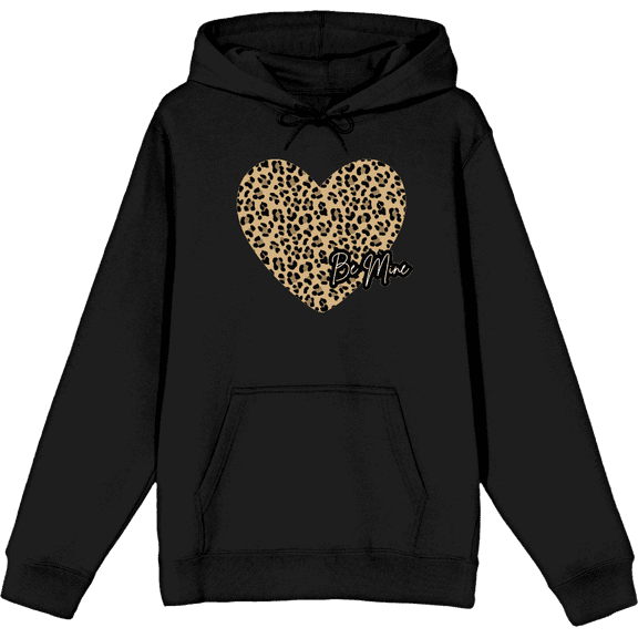 V Day Cheetah Heart Be Mine Long Sleeve Adult Hooded Sweatshirt-Medium-Black