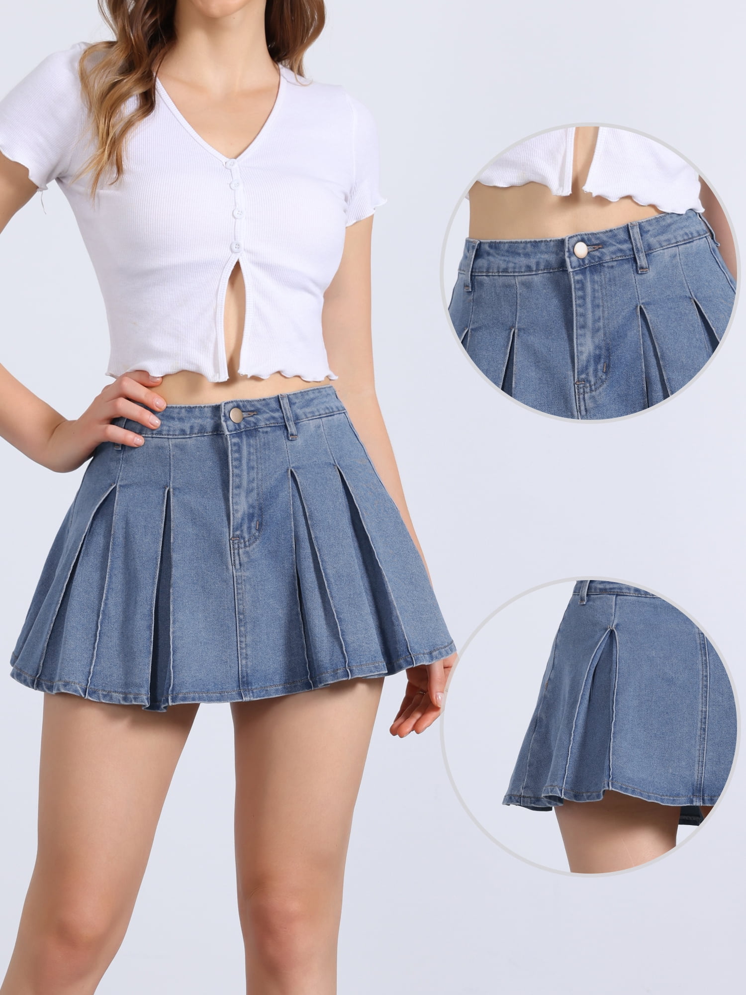 DARING DIVA Women's Pleated Denim Skirt Short Mini Jean Skirts XS Sky Blue