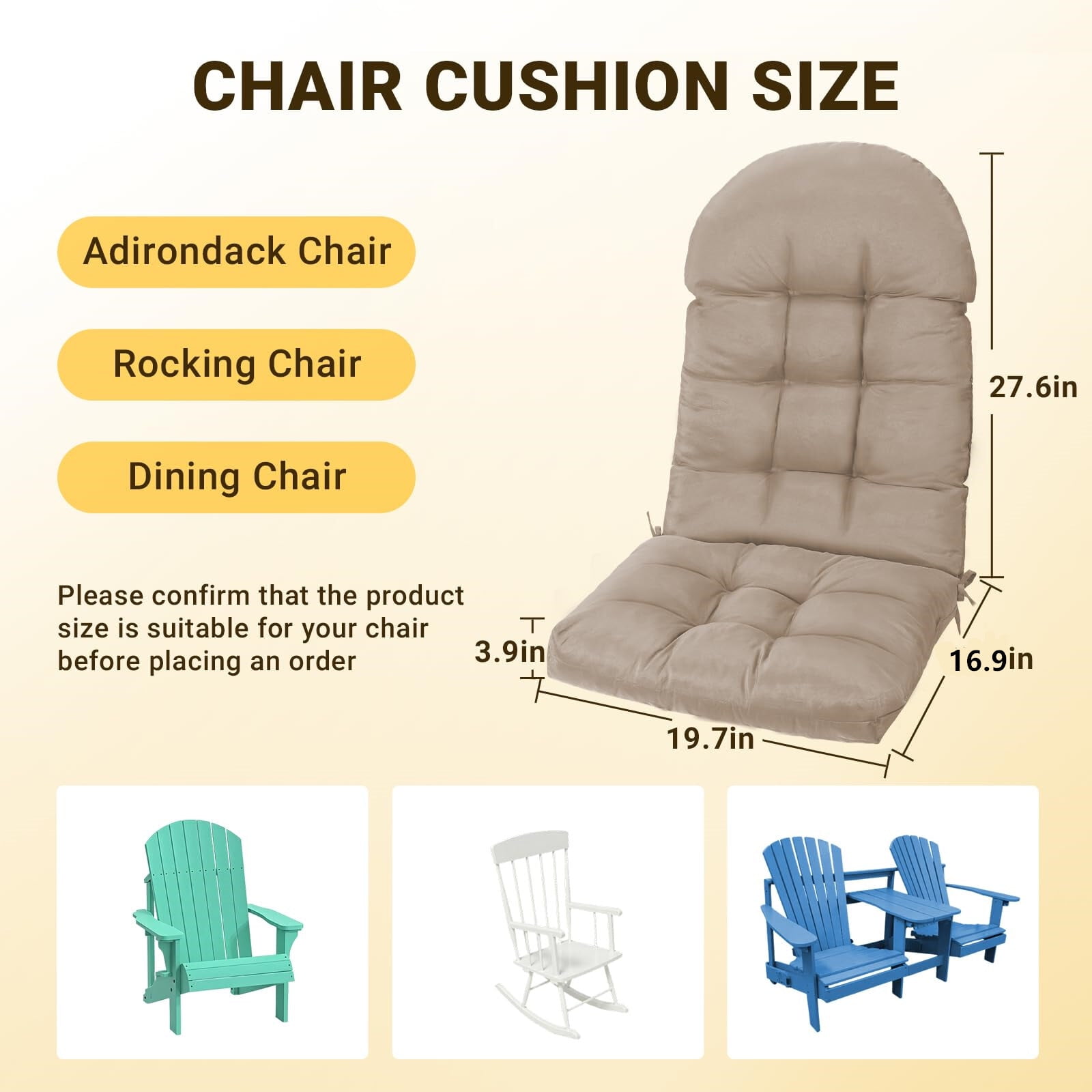 Outdoor High Back Chair Cushion Upgraded Thickened Water-Repellent & Fade-Resistan Patio Chair Cushions For Outdoor Furniture, 44" x20" x4" 1PC Khiki
