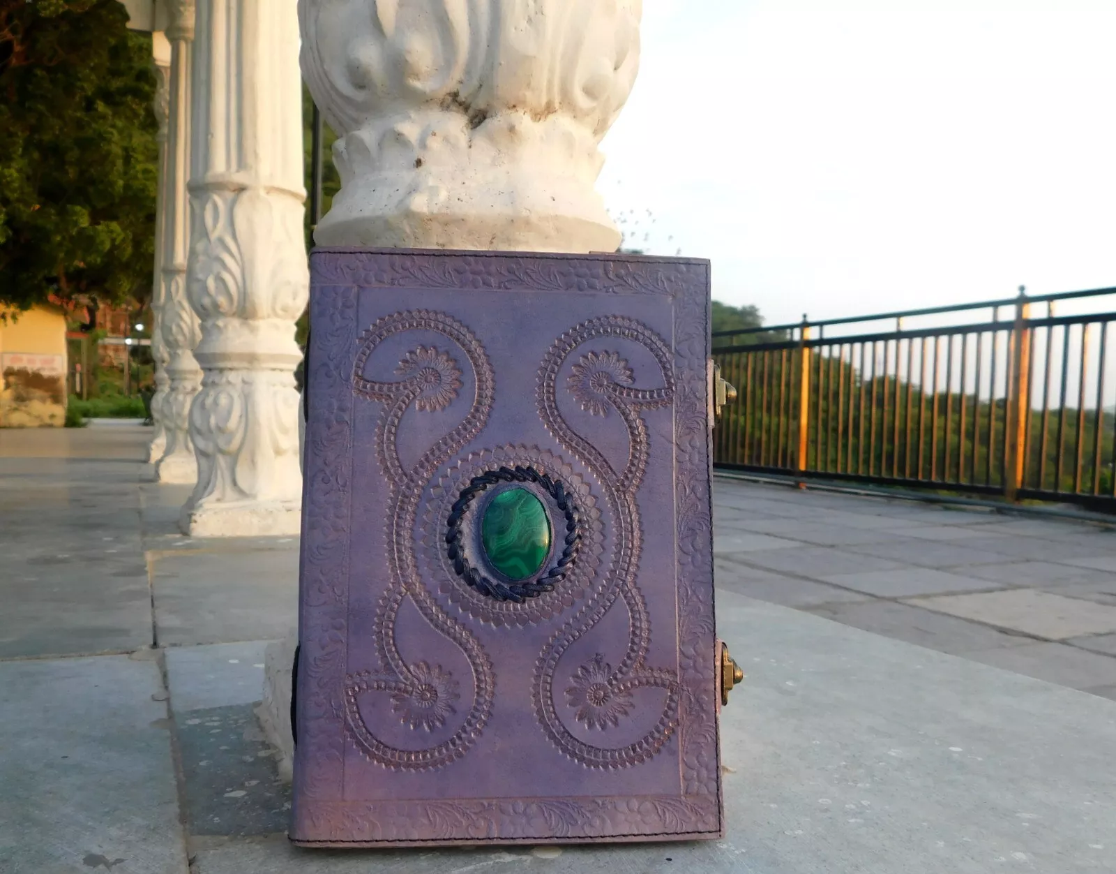 Handcrafted Embossed Design Vintage Leather Bound Journal Diary Malachite Stone Blank Notebook For Men & Women