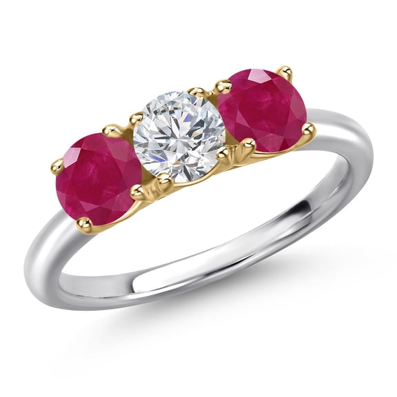 Gem Stone King 925 Silver and 10K Yellow Gold Lab Grown Diamond and Red Ruby Engagement Ring for Women | 1.60 Cttw | Round 5MM | Gemstone April Birthstone | Size 9