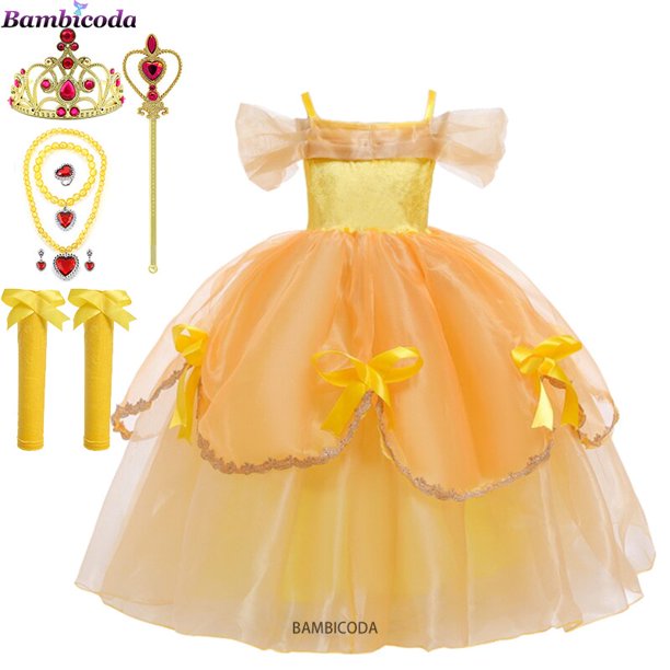 Girls Belle Princess Dress Disney Kids Summer Cosplay Costume Beauty and the Beast Clothing with Stick Crown Birthday Party Gift6T(130) Gao Jinjia LED