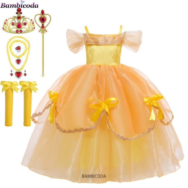 Girls Belle Princess Dress Disney Kids Summer Cosplay Costume Beauty and the Beast Clothing with Stick Crown Birthday Party Gift3T(100) Gao Jinjia LED