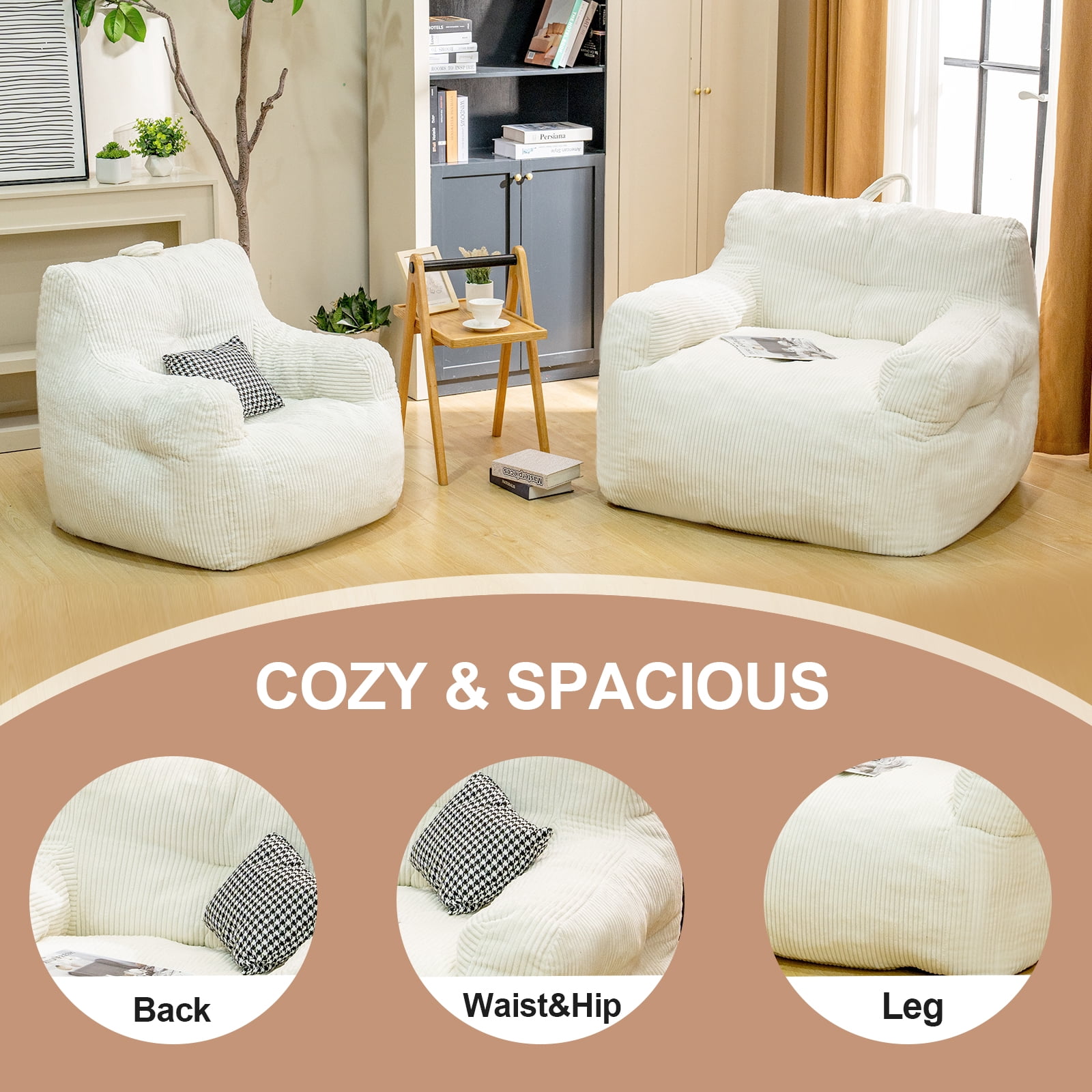 MIERES Large Bean Bag Chair for Adults & Kids, Giant Bean Bag Couch, Comfy Reading Chair with Armrests, Soft Cozy Chair for Bedroom, Lounge Sofa for Gaming, Napping & Relaxing, White