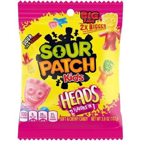SOUR PATCH KIDS, Heads 2 Flavors in 1 Soft & Chewy Candy Peg Bags (3.6 oz)