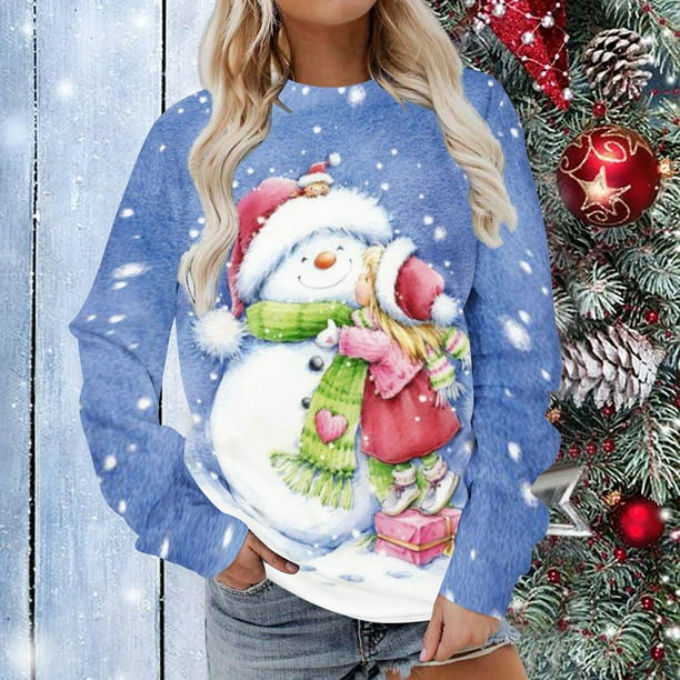 Pntutb Mujeres Manga Larga Camisas Casuales Impresión de Navidad Cuello Redondo Pullover Sudadera Túnica tops Pntutb Pntutb-614