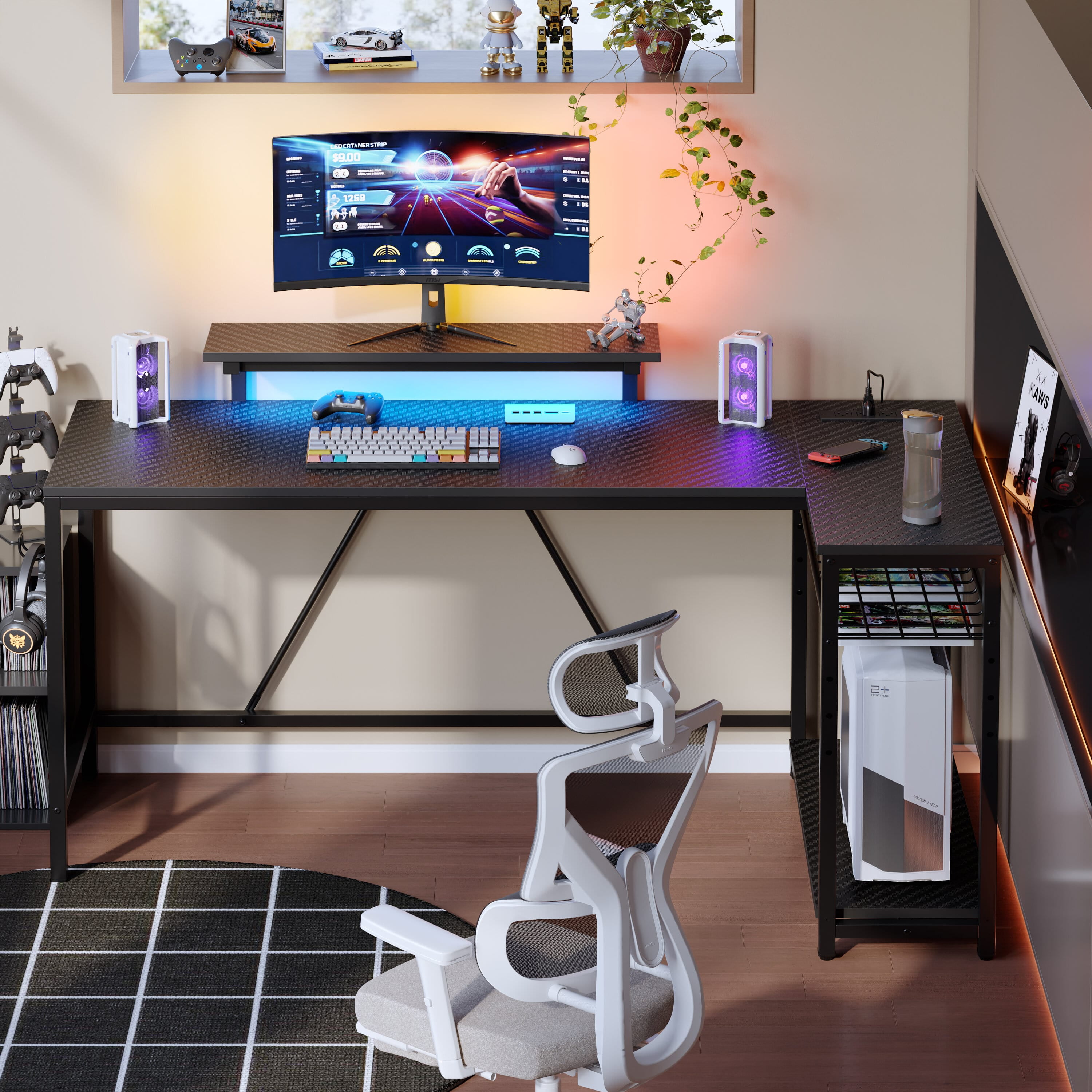 Bestier 58" Gaming Desk with LED Lights L Shaped Desk with Power Outlet & Monitor Stand Corner Computer Desk in Carbon Fiber