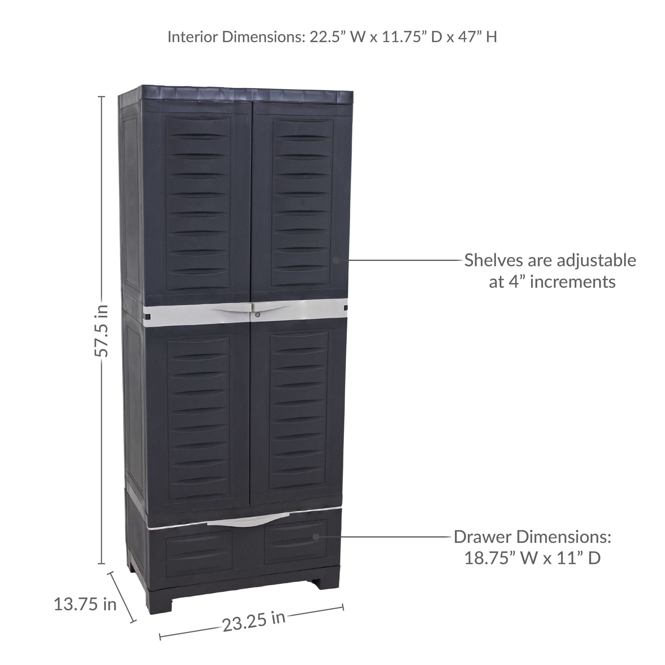 Sunnydaze Lockable Adjustable 57.5" Plastic 3-Shelf 1-Drawer Freestanding Storage Cabinet, Charcoal