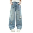 thumbnail image 4 of JLMSPLWG Girls Wide Leg Jeans with Embellished Patchwork Kids High Waist Pants Teen Girl Soft Personalized Preppy Denim Jeans Tween Girl Cute Aesthetic Trendy Jean with Pockets Girl Clothes, 4 of 8