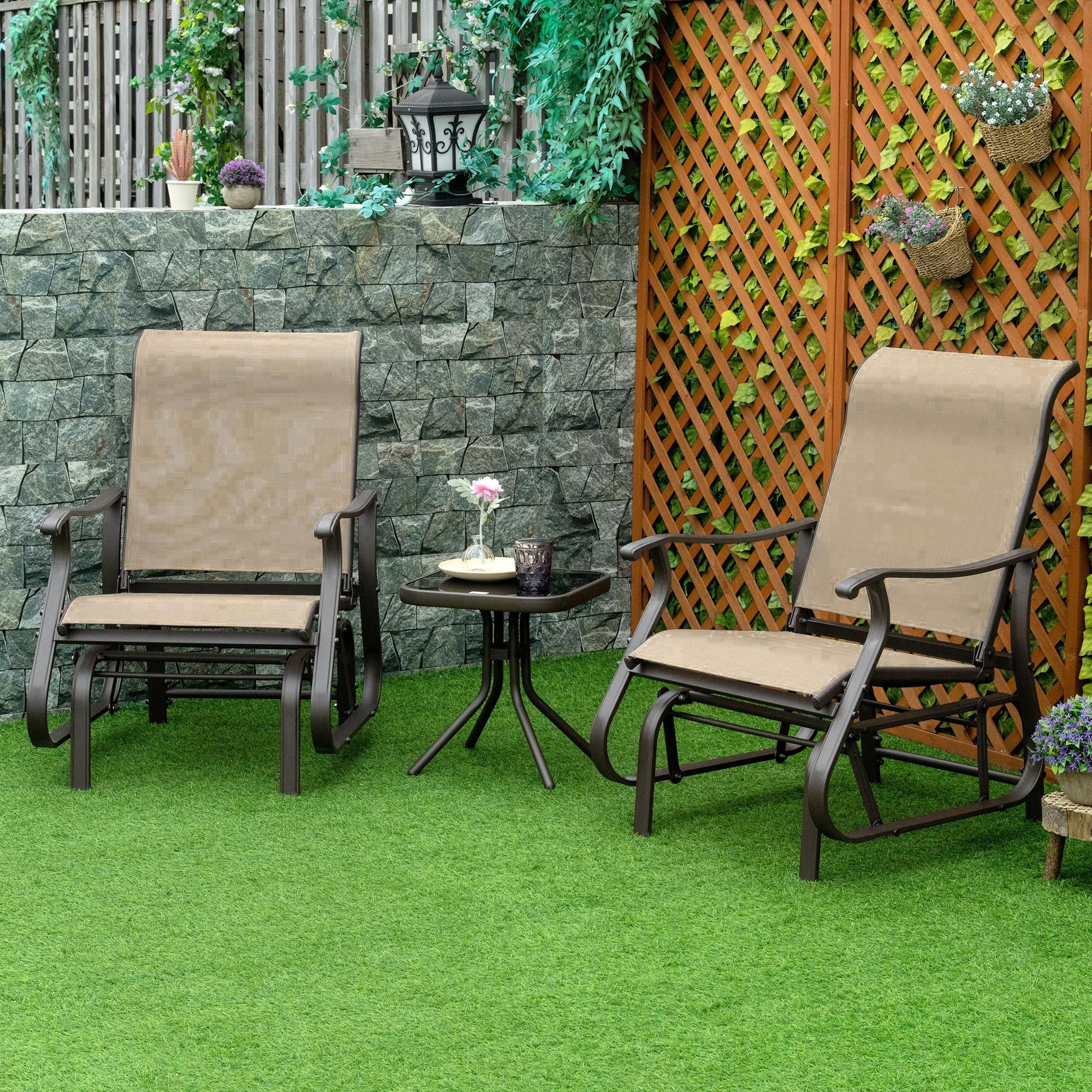 3-Piece Gliding Chair & Tea Table Set, Outdoor 2 Rocker Seats with Steel Frame, Tempered Glass Tabletop, Garden Patio Furniture, Grey