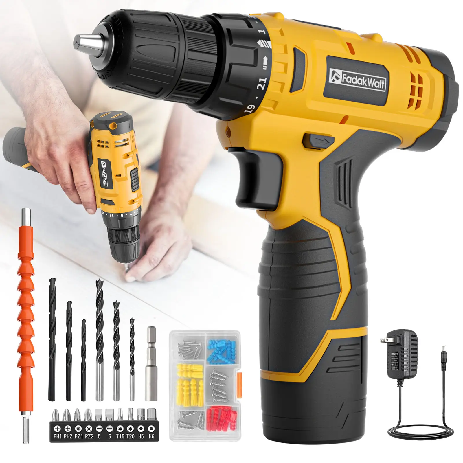 Fadakwalt 12V Cordless Drill Driver, 650RPM, 3/8" Keyless Chuck, 21+1 Clutch, Battery, 30+ Bits, LED Light, Yellow