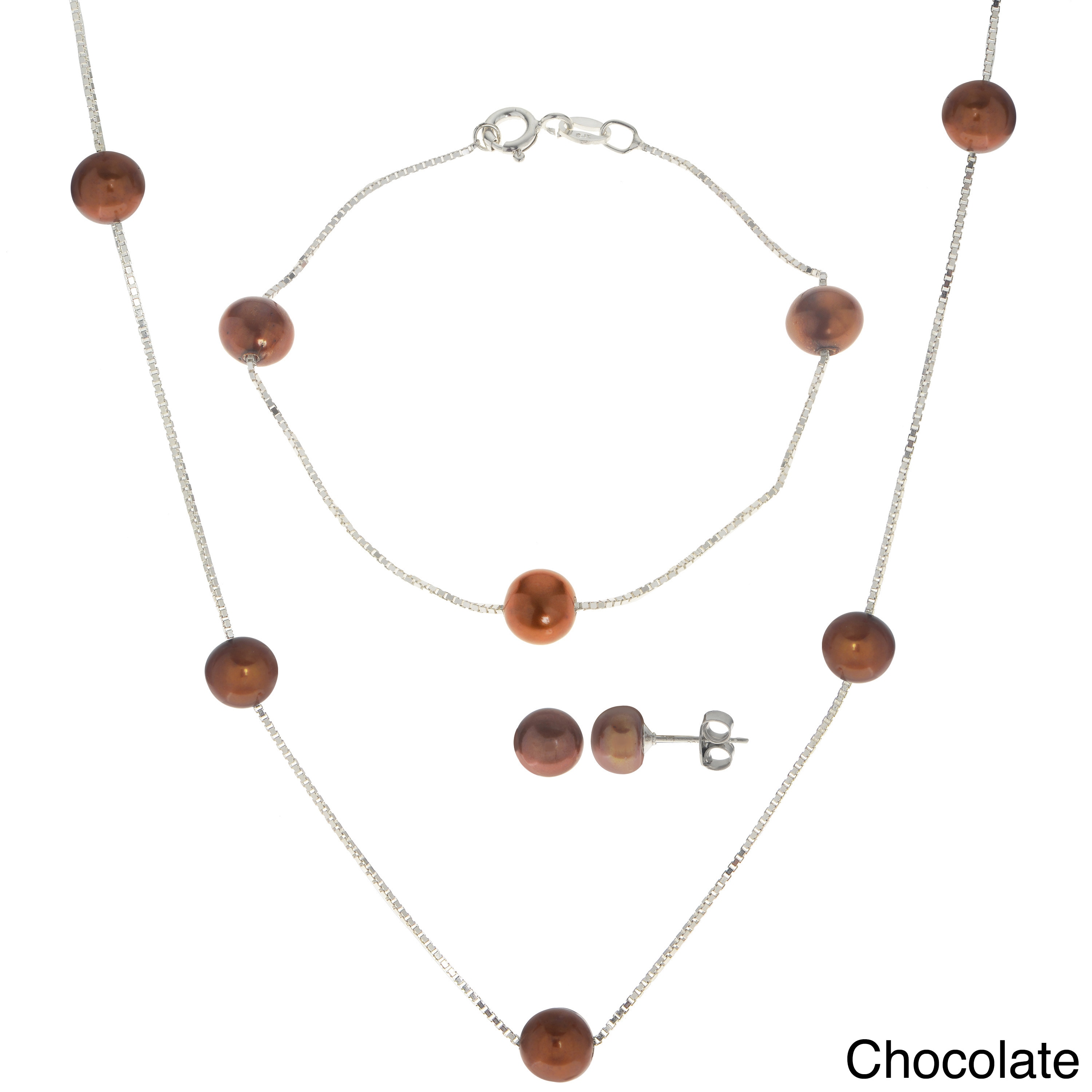 Imperial-Deltah Pearls For You White Sterling Silver and Freshwater Pearl 3-piece Necklace, Bracelet, and Earring Set by Overstock