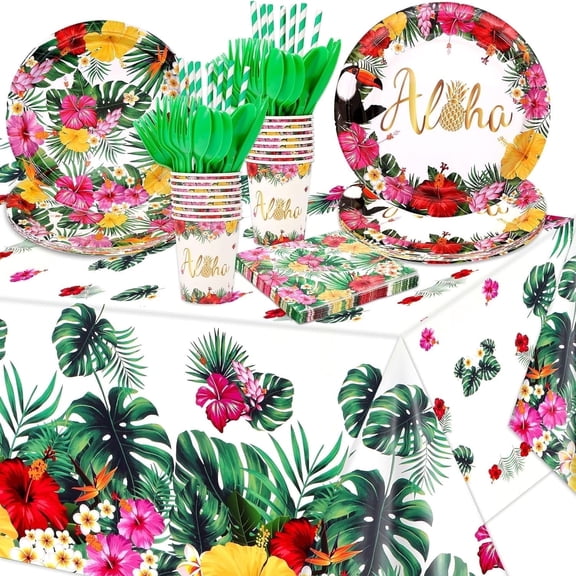 133PCS Hawaiian Luau Party Supplies Tropical Tableware Set, Aloha Plates Napkins with Tablecloth for Birthday BBQ Pool Beach Hawaiian Party Decorations Serves 16