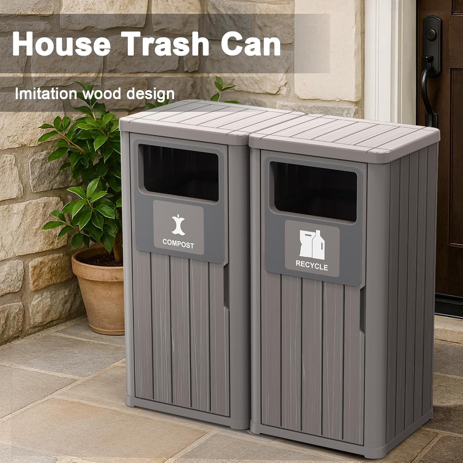 Outdoor Two Barrel Trash Can – Waterproof Resin Garbage Bin with Recycling Labels – Fits 30-39 Gallon Trash Bags, Durable Waste Bin for Porch, Backyard & Kitchen(33.07 * 16.54 * 35.43)