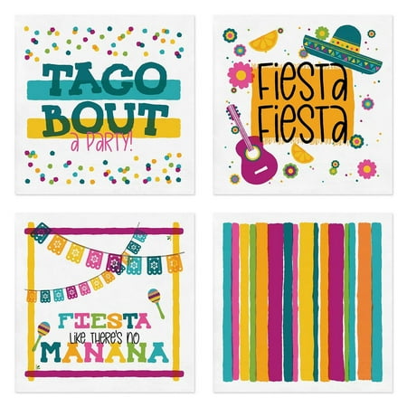 Fiesta Party Beverage Napkins / 48 Colorful Cocktail Napkins / 4 Festive Designs / Cinco De Mayo Party Theme 4 3/4" x 4 3/4" Napkins / Vibrant Spring May Napkin Set / Made In The USA