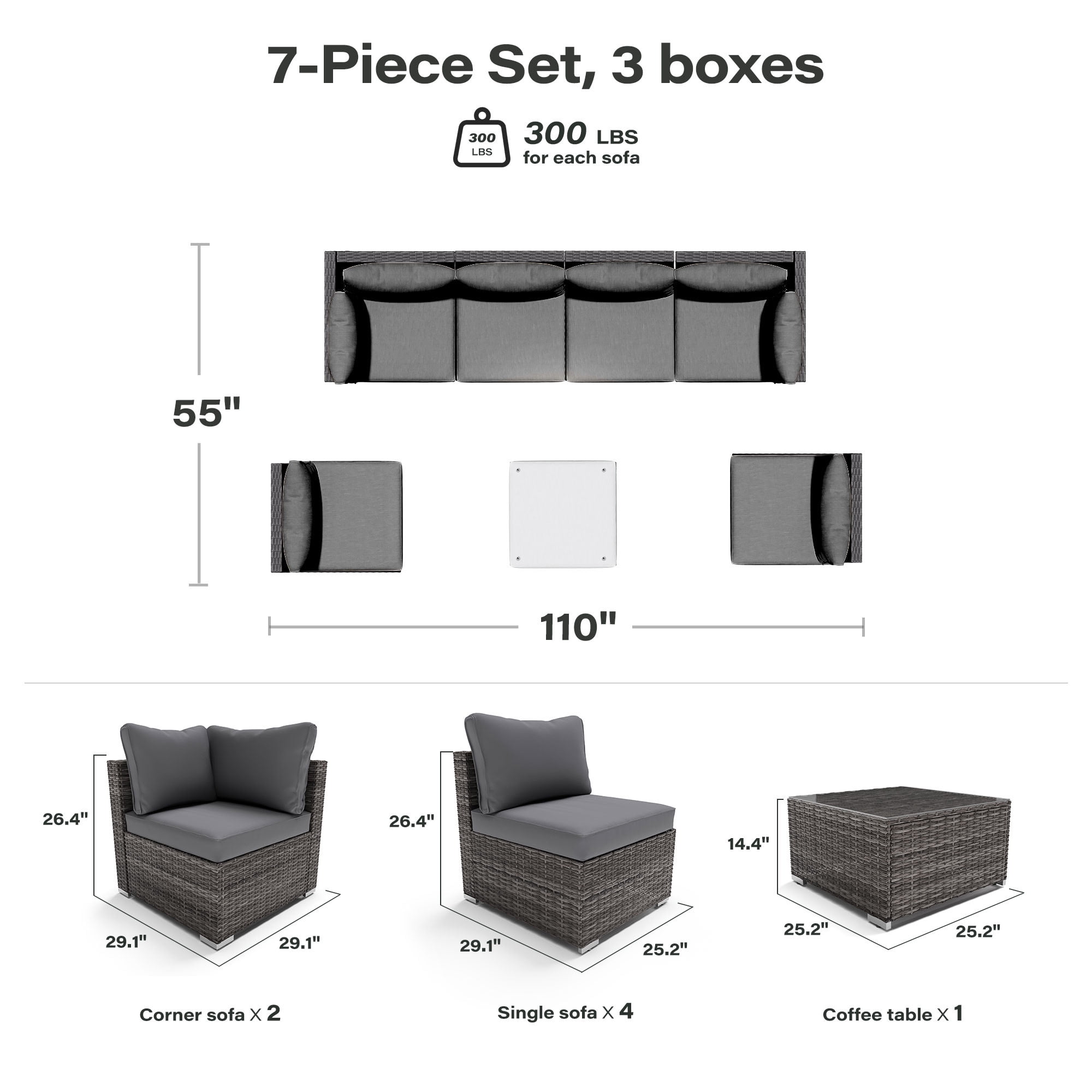 LAUSAINT HOME 7 Pieces Outdoor Furniture Set, Patio Sectional Conversation Set with 6 Chairs and 1 Coffee Table, Gray Cushions