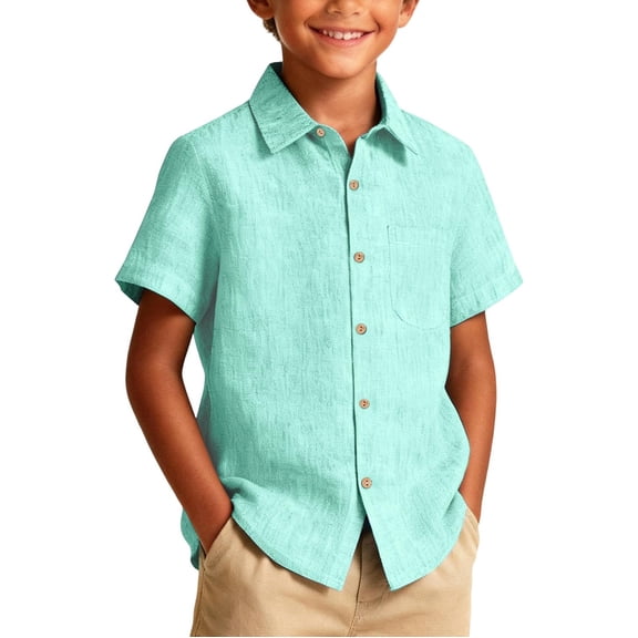 KHONTS Boys Button down Shirts Short Sleeve Casual Cuban Shirt Summer Beach Shirts with Pocket,Size 6-14 Years Mint Green 160