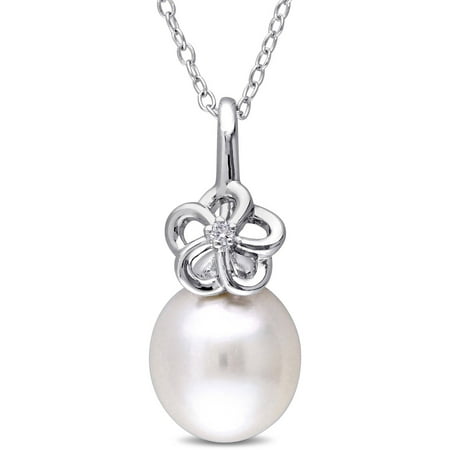 Miabella 10-10.5mm White Cultured Freshwater Pearl and Diamond-Accent Sterling Silver Flower Pendant, 18