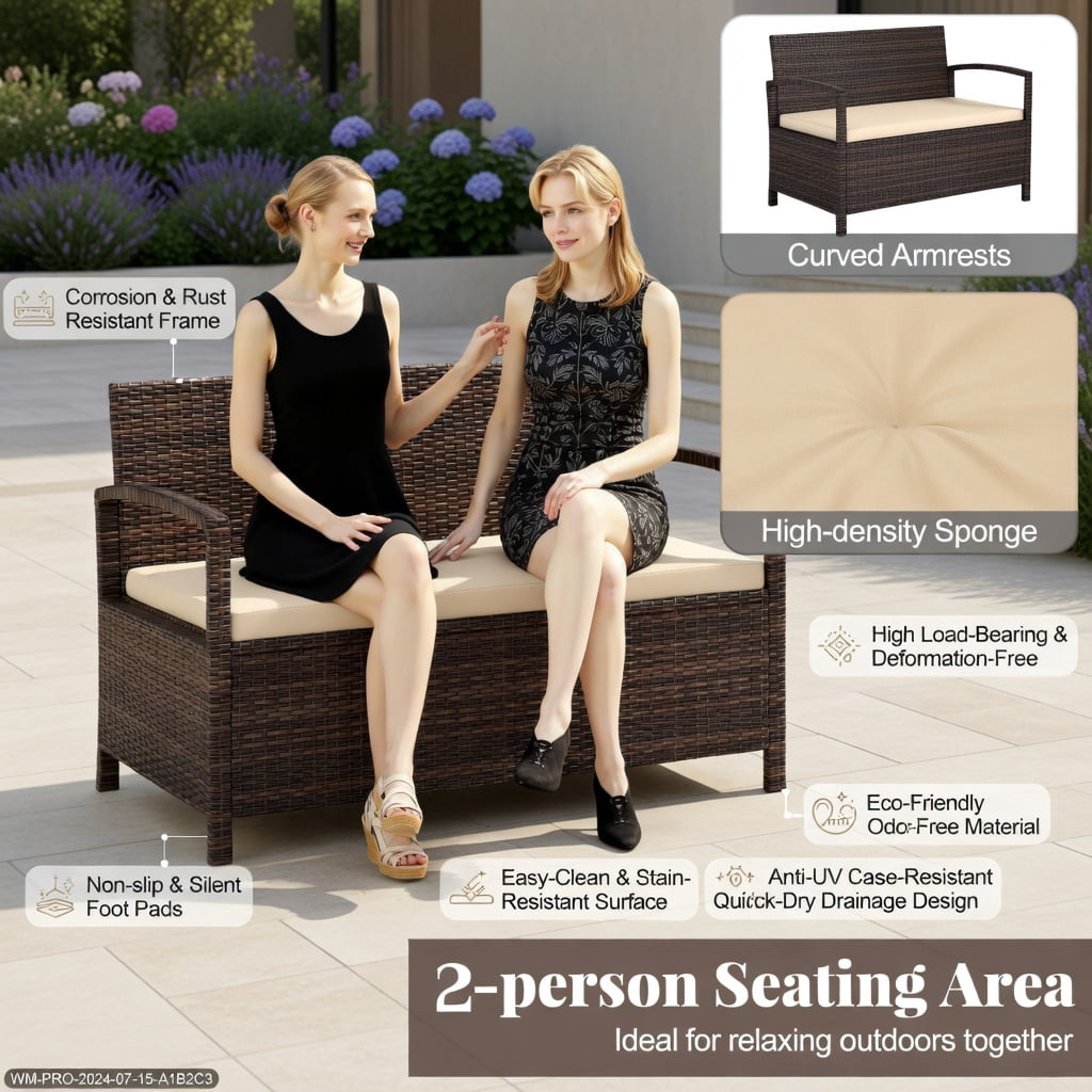 Hommoo Outdoor PE Wicker 2-Person Storage Bench with Beige Cushion, 42-Gallon Waterproof Deck Box for Patio, Garden & Poolside, Natural