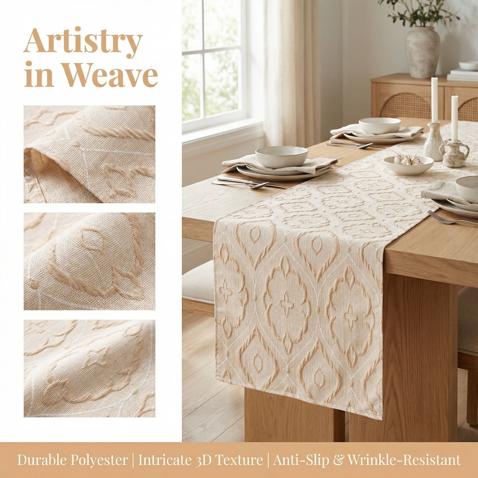 Unique Bargains Long Washable Polyester Runner Table Runner for Table Beige 13.8"x82.7"