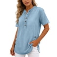 thumbnail image 6 of Women's Summer Denim Blouse V Neck Button Down 3/4 Sleeve Shirt Side Split Jean Blouse Casual Elegant Loose Tops Daily Vacation Party Tops for Ladies, 6 of 6