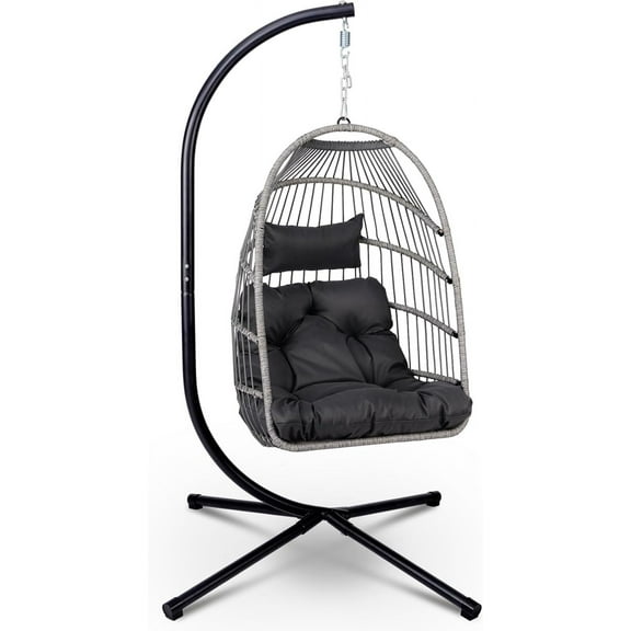 Foldable Hanging Egg Chair with Stand, HDPE Rattan and Heavy Duty Aluminum-Steel Frame, Outdoor Patio Wicker Swing Egg Chair with Headrest and Cushioned, 350 Lbs Capacity (Dark Grey)