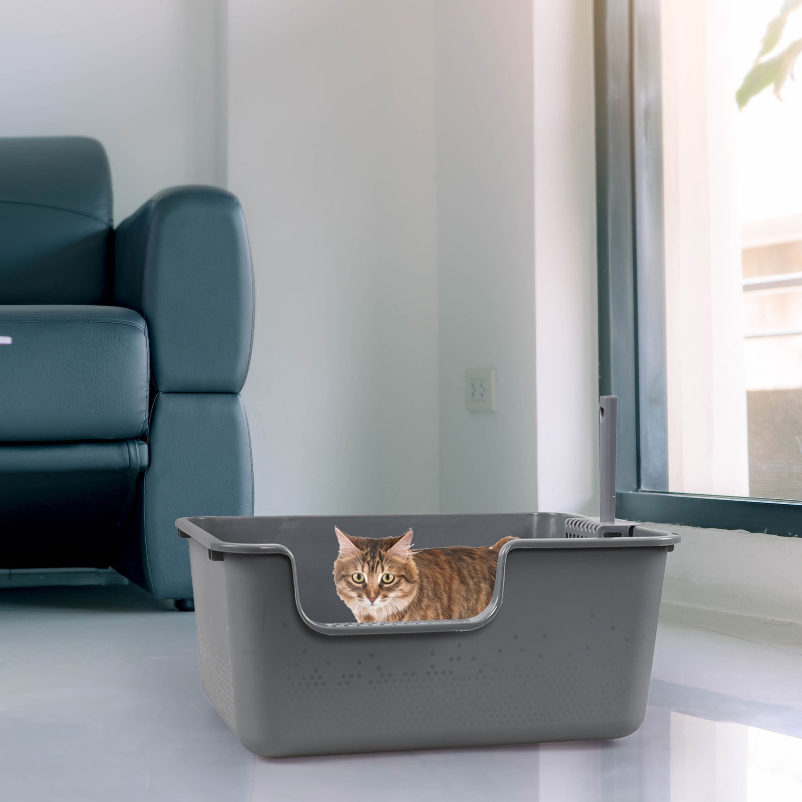 Kekow 4-Pack Anti-Splashing Kitty Litter Box with Scoop, Plastic Open High Sided Cat Litter Box, Gray