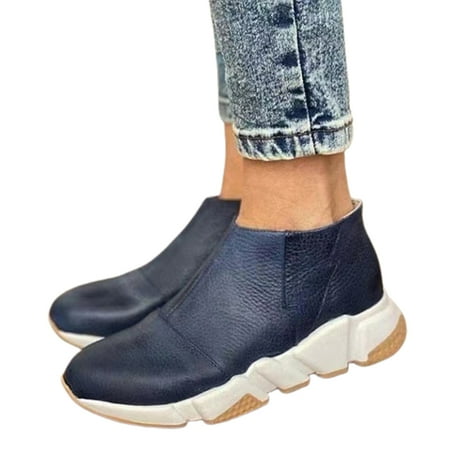 

Women PU Leather Boots Pointed Toe with Side Zipper Thickened Sole Low Heel Ankle Booties Blue 42