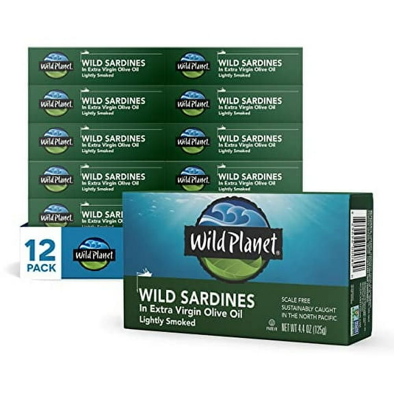 Wild Planet Wild Sardines in Extra Virgin Olive Oil, Lightly Smoked, Tinned Fish, Sustainably Caught, Non-GMO, Kosher, Gluten Free, 4.4. Ounce (Pack of 12)