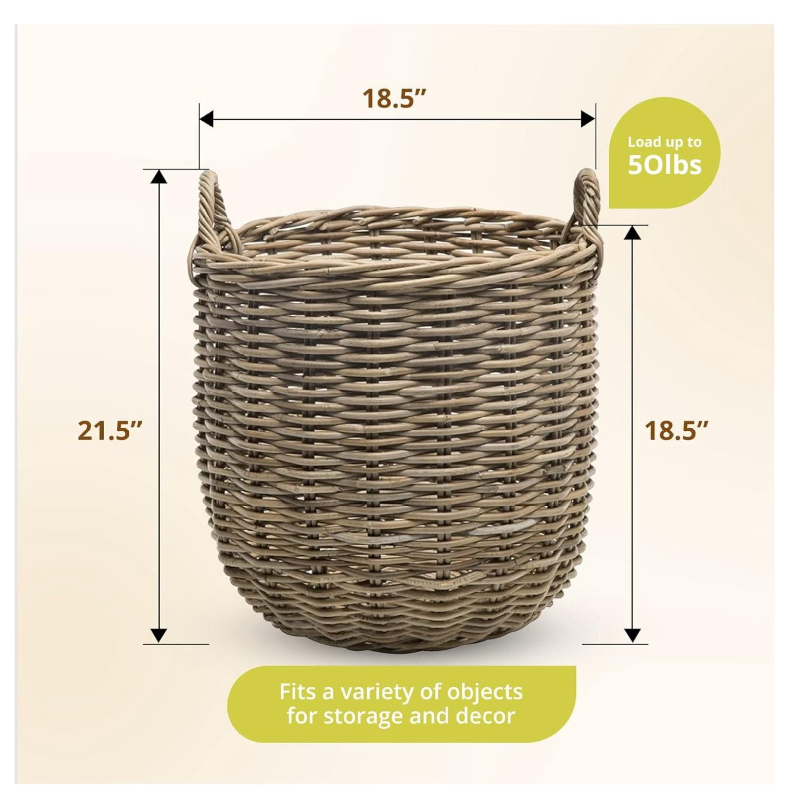 Rattan Kobo Round Storage Basket, Handwoven Rattan Basket with Handles, Organization & Home Decor for Storage, Gray-Brown