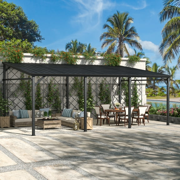 VEIKOUS 12' x 20' Hardtop Gazebo, Outdoor Wall-Mounted Lean-To Pergola w/ Drainage System for Patio