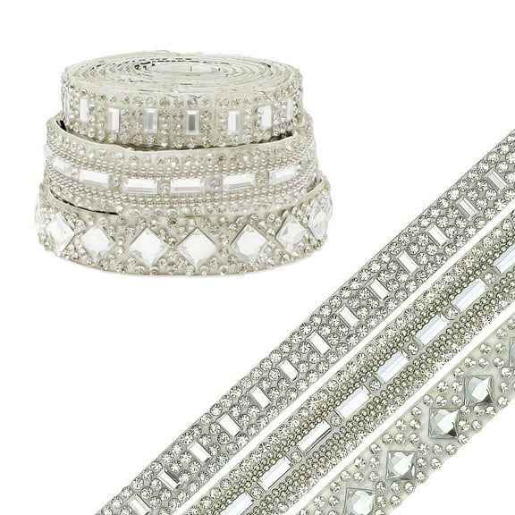 Wrapables 3 Yards Self Adhesive Crystal Rhinestone Ribbons, Diamond Bling Tape Strips Trim for DIY Crafts Wedding Party Decoration (3 Rolls), Silver