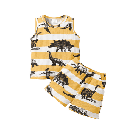 

Kucnuzki 6 Months Baby Boy Summer Outfits Shorts Sets 9 Months Sleevless Stripe Dinosaur Prints Tank Tops Elastic Cozy Shorts 2PCS Set Yellow