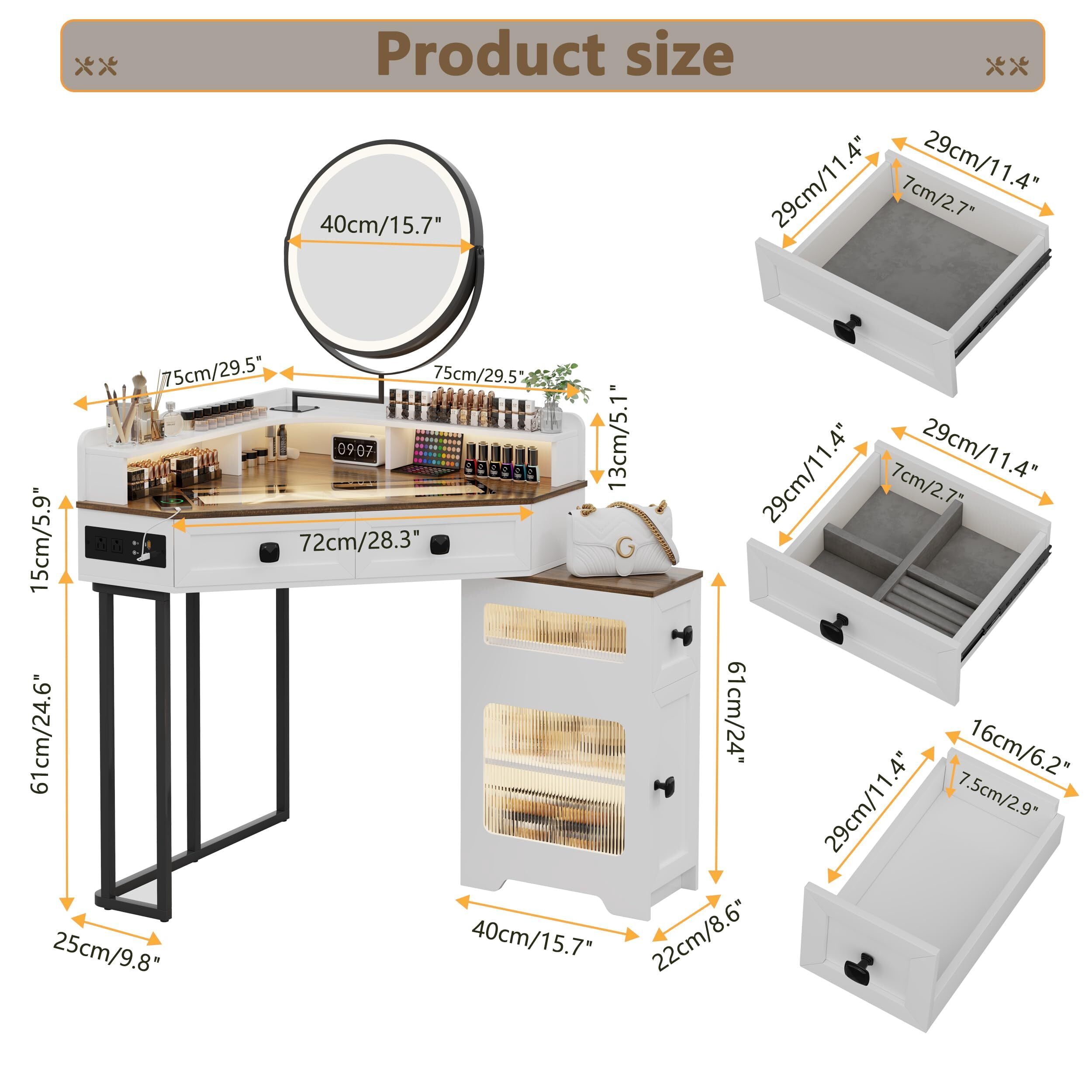 Aukfa Makeup Vanity Table with Mirror and Lights, Vanity Desk with Drawers and Shelves, White