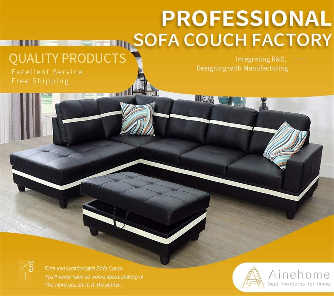 Ainehome Furniture Leather Sectional Sofa, 3 Piece L Shaped Living Room Couch Sets with Chaise Storage Ottoman and Pillows