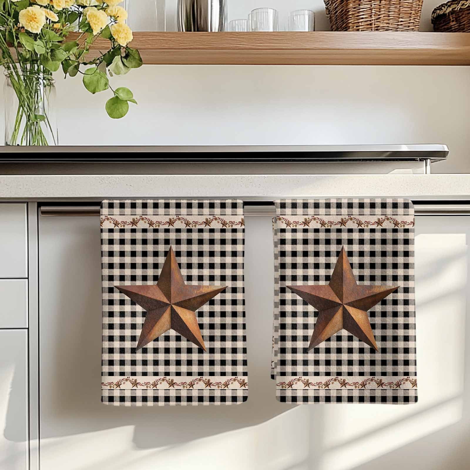 Texas Star Vintage Kitchen Towels Set of 2, Retro Country Brown Stars Checkered Absorbent Dish Towels for Kitchen, Microfiber Hand Towel, Quick Drying Tea Towel for Cleaning Decorative Dishcloths