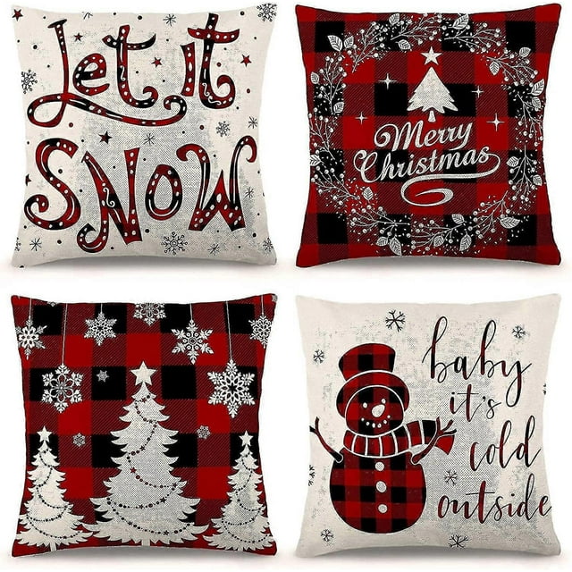 Funda de almohada navideña de 4 piezas, estilo rústico, color negro y rojo, con cuadros de búfalo, lino rústico para fiestas