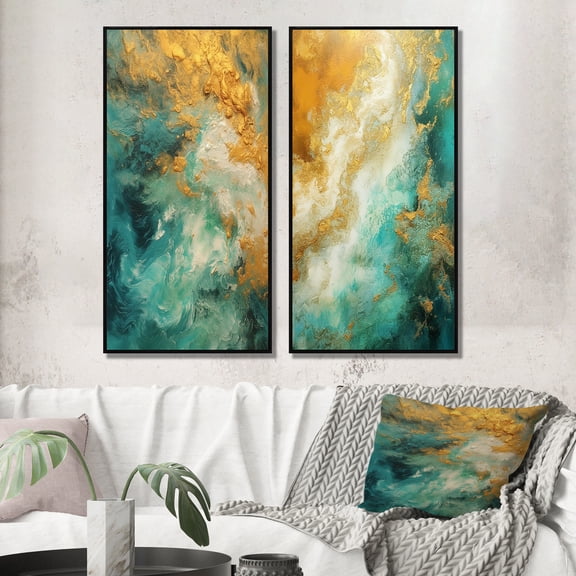 Designart "Morning Serenity Gold and Teal Marble I" Abstract Painting Framed Wall Art Set Of 2 - Modern Gold Framed Canvas Set For Living Room Decor
