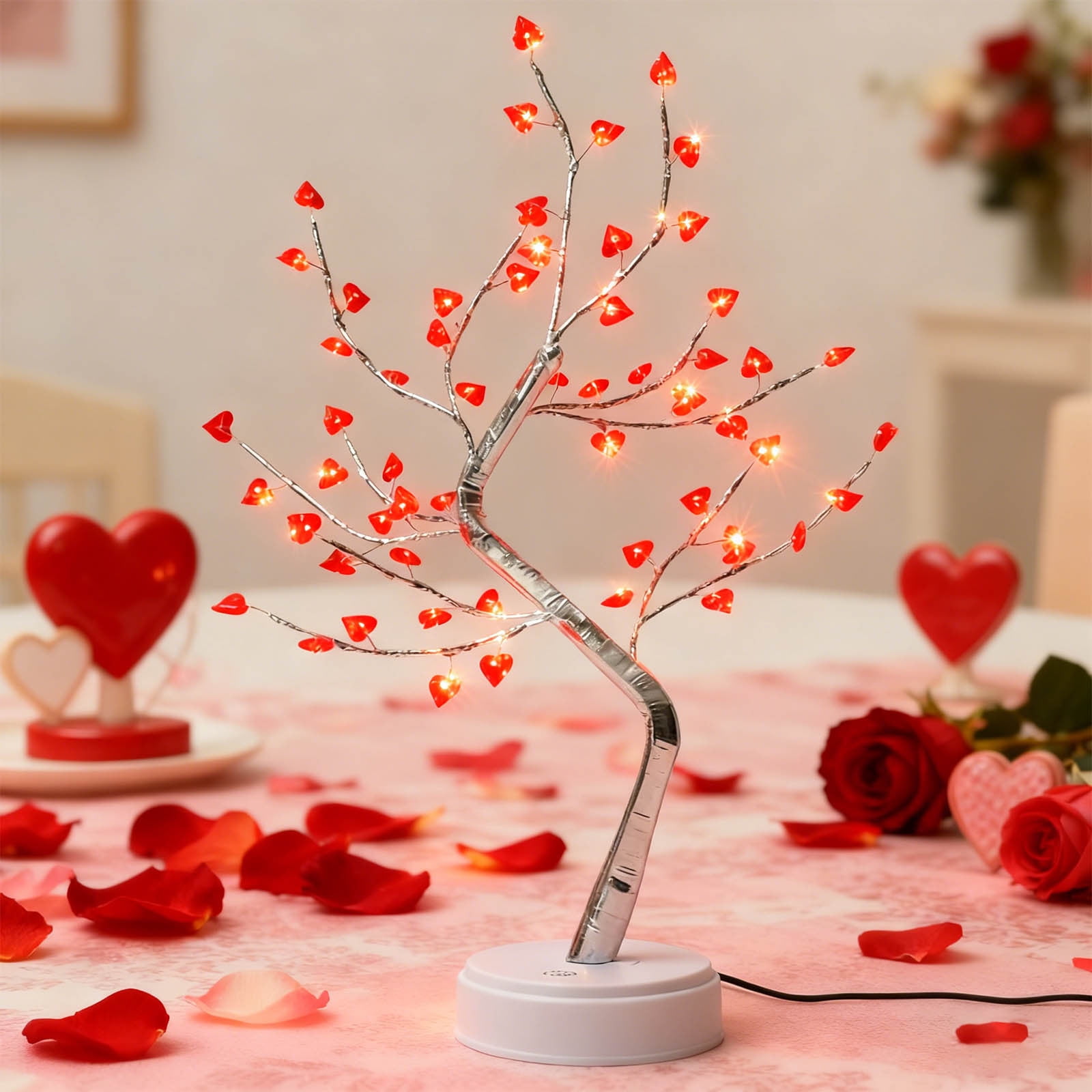 24in Lighted Valentine's Day Tree with 18 Heart Ornaments, LED Battery or USB Powered Valentine's Tabletop Home Decor, Romantic Gift